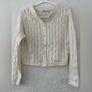 Zara women’s cream alapaca blend cropped jewel button cardigan sweater; size S
